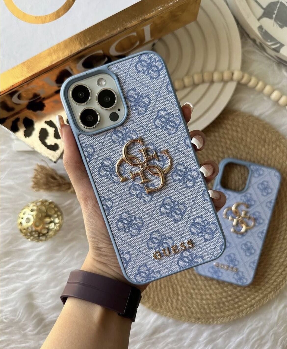 iPhone Guess Lansman Deri Kılıf - Bebe Mavi