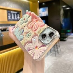 iPhone Çiçek Desenli Lens Korumalı Kılıf - Kum Pembe