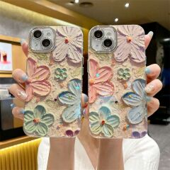 iPhone Çiçek Desenli Lens Korumalı Kılıf - Kum Pembe